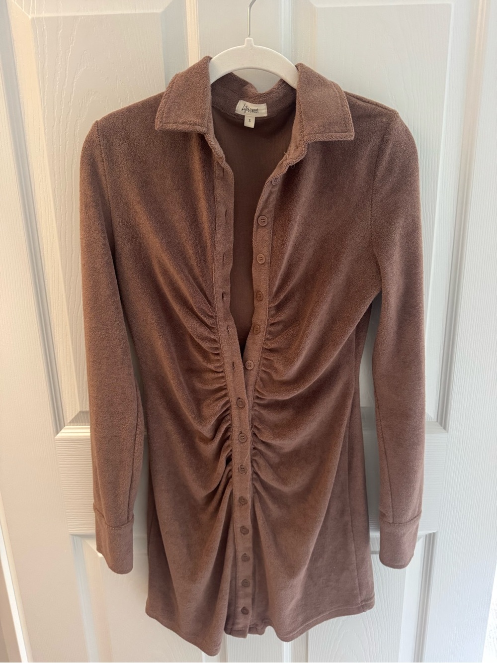 Bittersweet Boutique Ruched Button-Front Long Sleeve Mini Dress in Brown